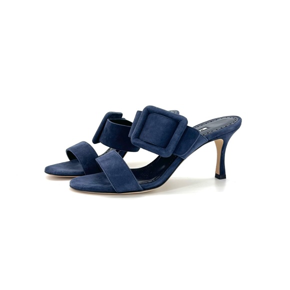 Manolo Blahnik Shoes - NIB Manolo Blahnik Gable Denim Navy Suede Buckle Detail Mules Slip On Sandals 36